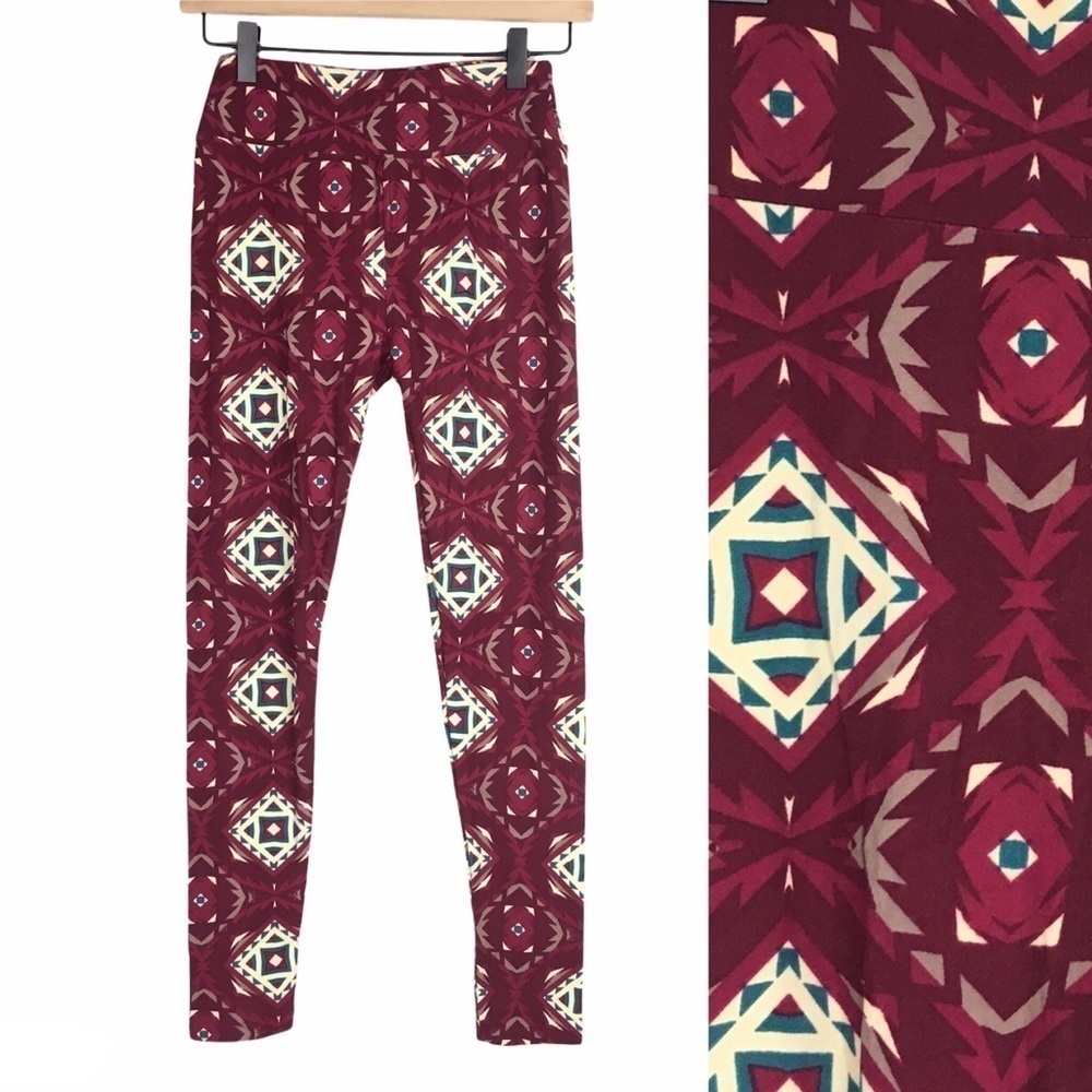 LULAROE Leggings OS One Size Aztec Southwestern Burgundy Wine Teal Green Cream